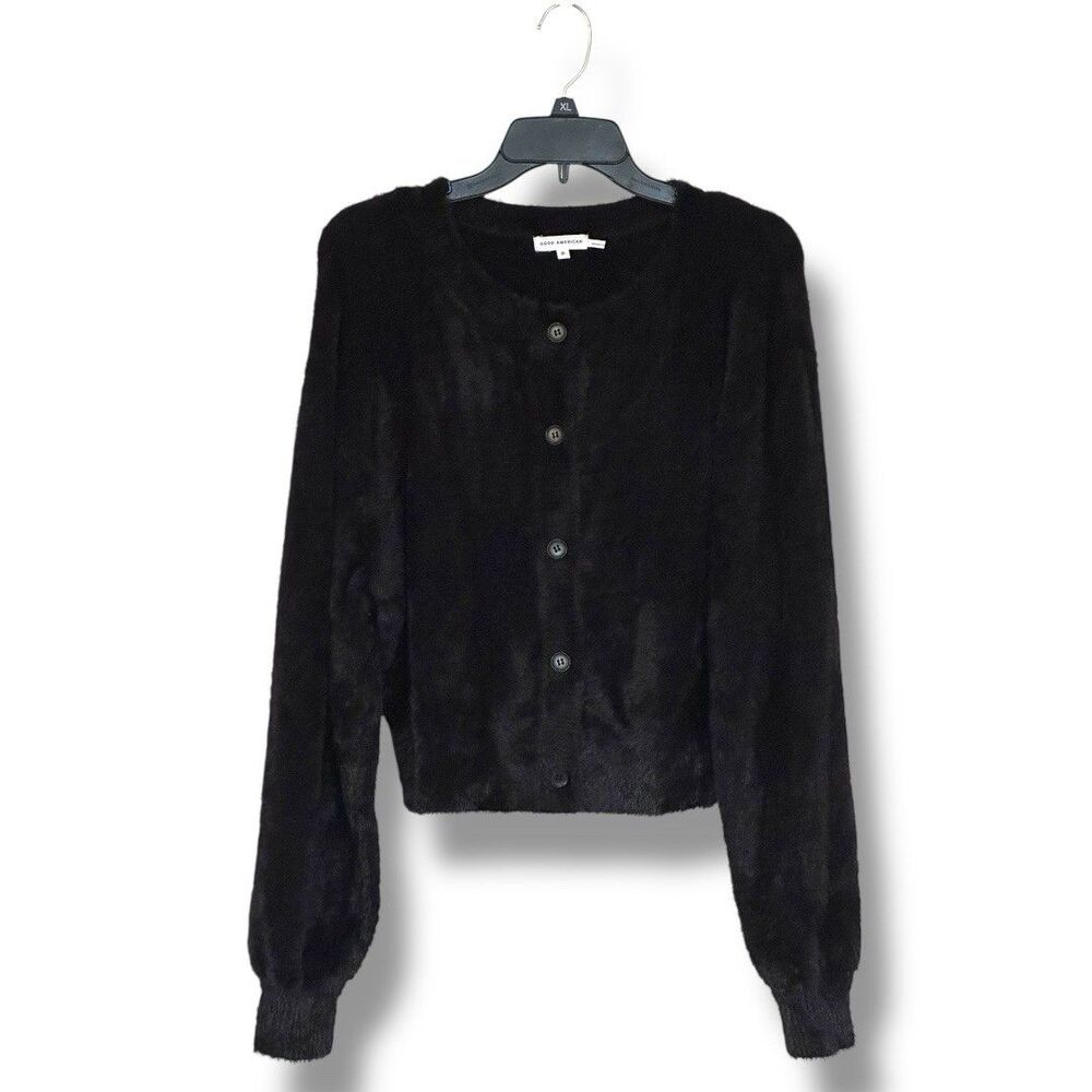 Good American Fuzzy Knit Crew Neck Cardigan Sweater Black Size 2
